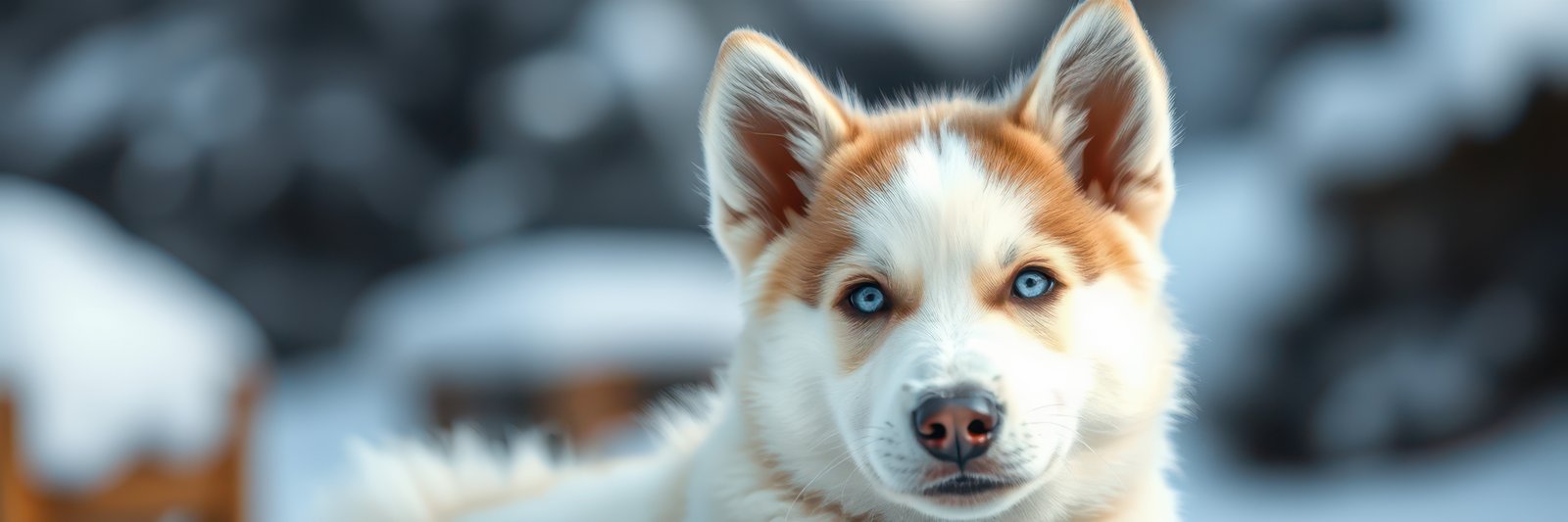 Beautiful husky dog with striking blue eyes in a snowy outdoor setting during winter